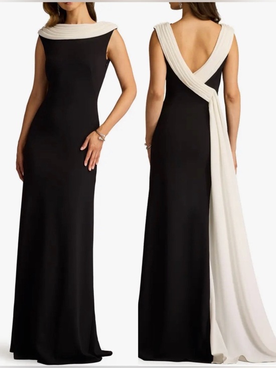 Tadashi Shoji Dresses & Skirts - NEW TADASHI SHOJI Plaza V-Back Drape back Crepe Black/ Ivory Gown sz S
